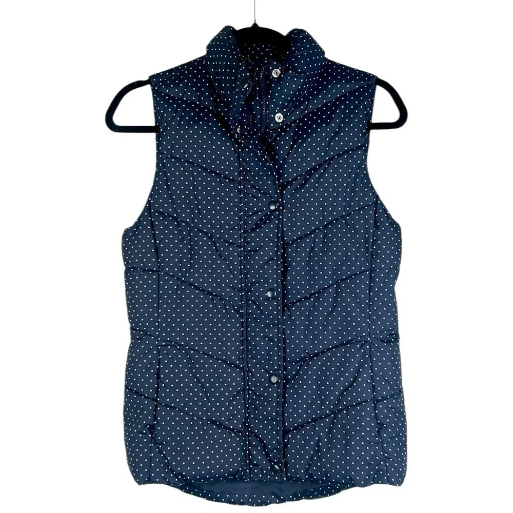 GAP Navy Blue Women's Zip Down Button Up Polka‎ Dot Classic Puffer Vest Size XS